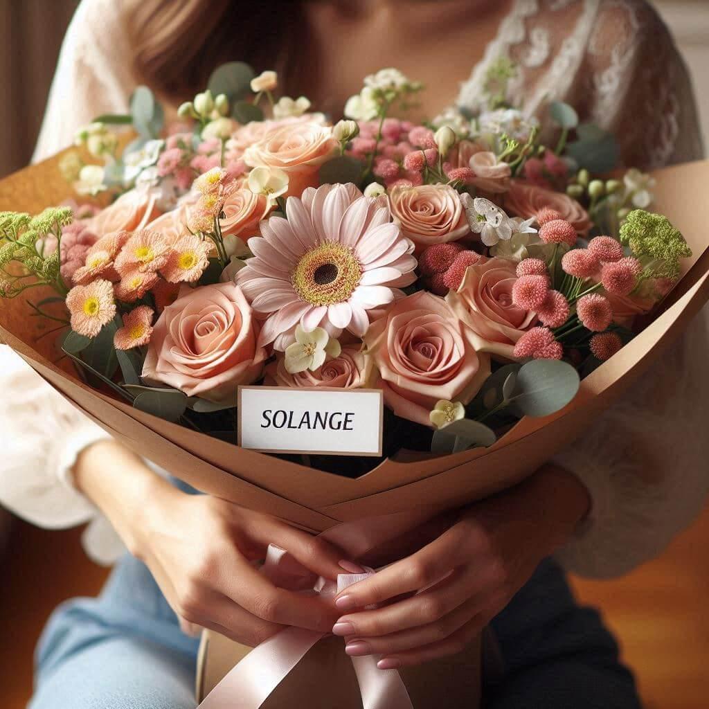 Bouquet de fleurs avec une etiquette personnalisee avec le prenom solange