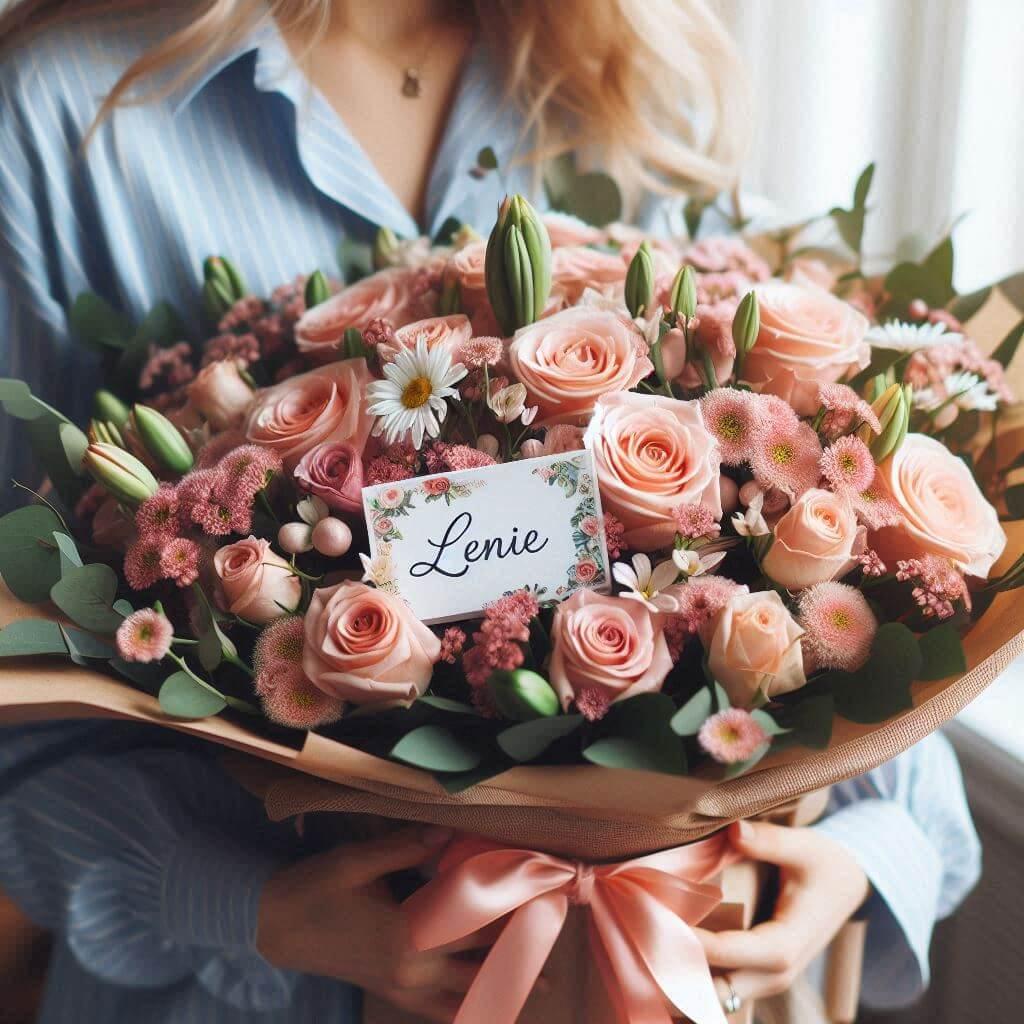 Bouquet de fleurs dans les mains d une femme avec une etiquette personnalisee avec le prenom lenie
