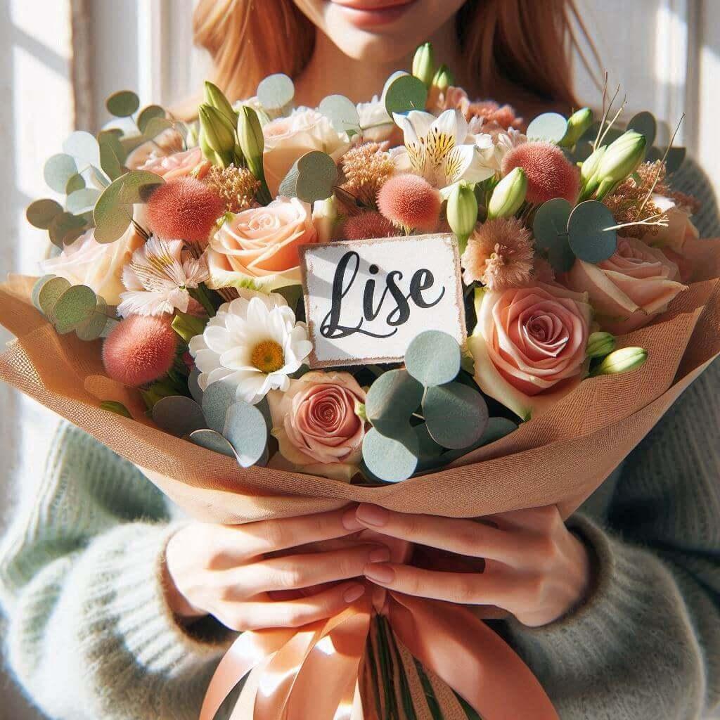 Bouquet de fleurs dans les mains d une femme avec une etiquette personnalisee avec le prenom lise