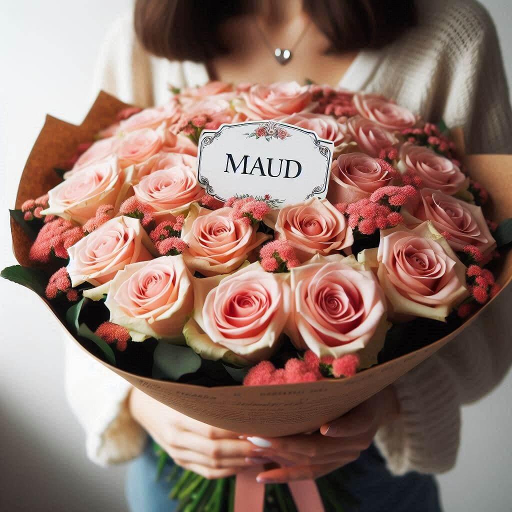 Bouquet de roses avec une etiquette personnalisee avec le prenom maud