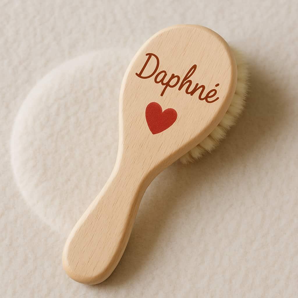 Brosse a cheveux pour bebe personnalise avec le prenom daphne et un petit coeur