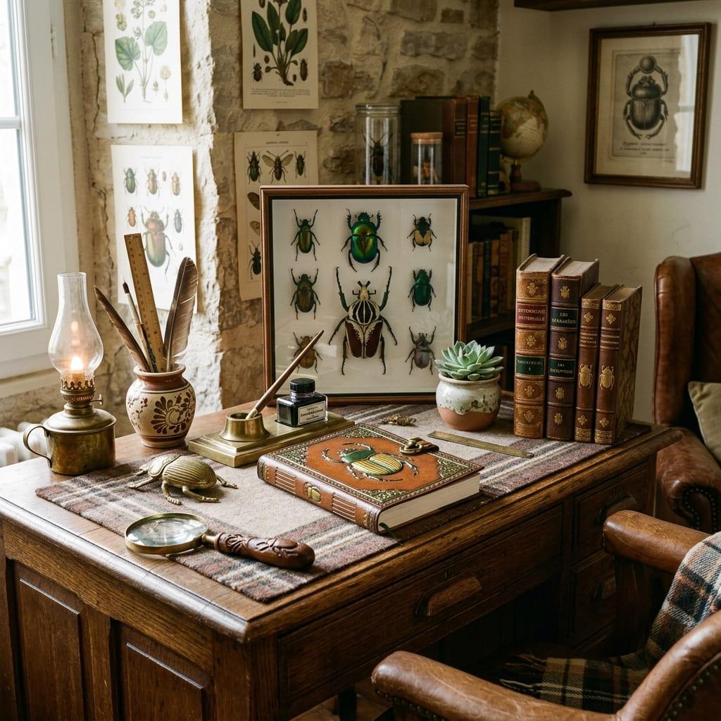 Bureau d entomologie ancien avec dessins et specimens d insectes espace d etude evoquant l observation attentive la quete de sens les vibrations naturelles et la dimension symboliq