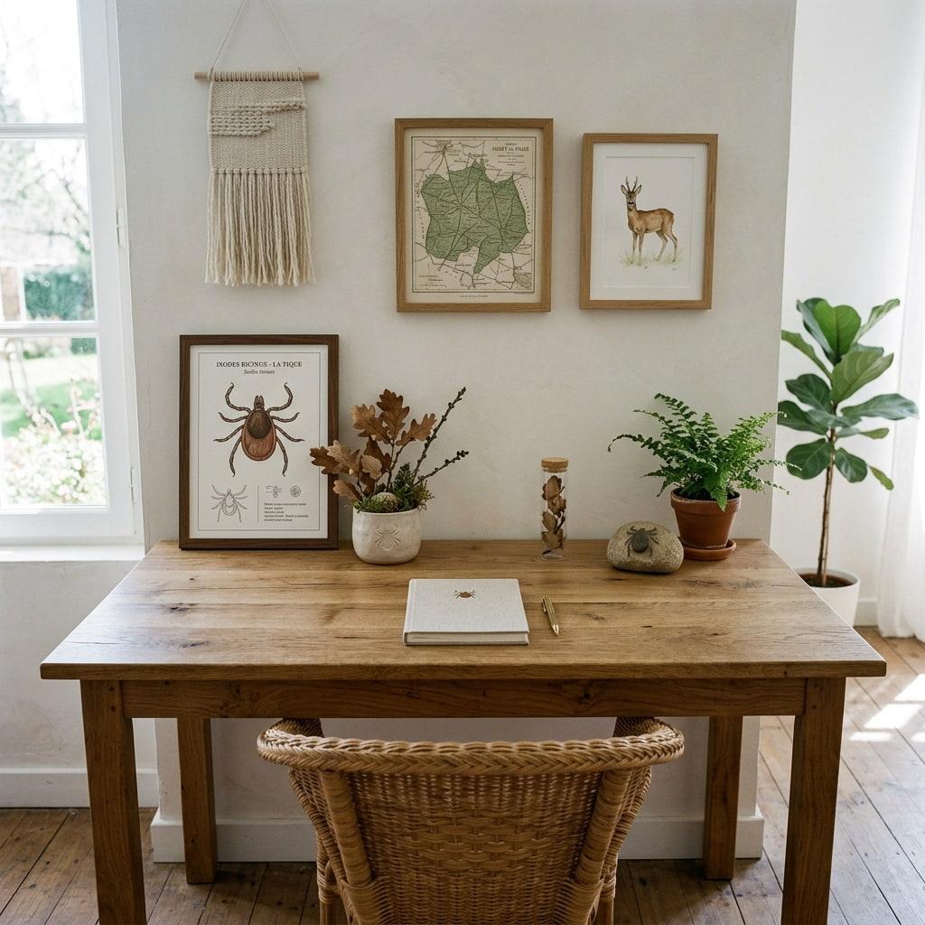 Bureau de style scandinave en bois naturel au design epure vue d ensemble avec decoration murale thematique sur la faune sauvage et la tique sans ordinateur