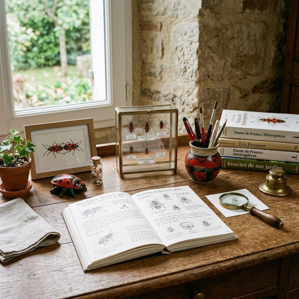 Bureau en bois de naturaliste decore sur le theme du gendarme pyrrhocoris apterus avec carnet illustre et loupe