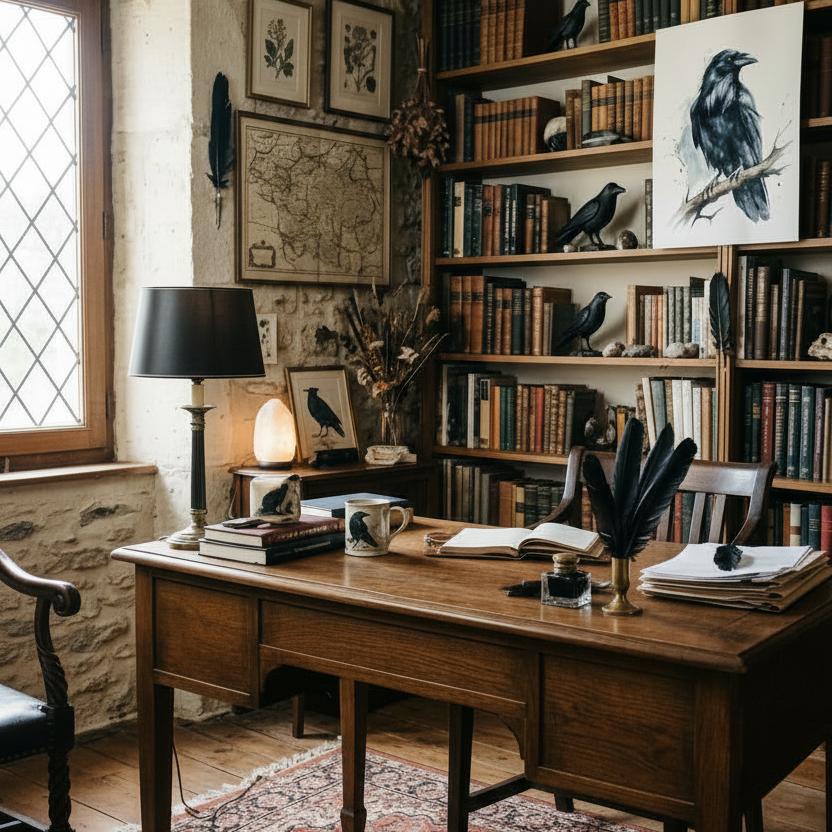 Bureau rustique avec livres figurines de corbeaux peinture de corbeau et une personne ecrivant a la plume dans une ambiance chaleureuse 3