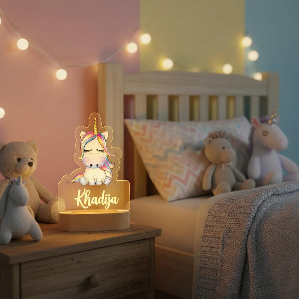 Lampe licorne personnalisée avec le prénom Khadija dans une ambiance douce