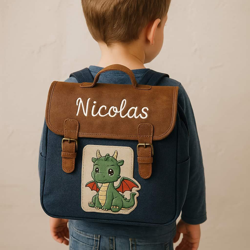 Cartable de petit garcon avec le prenom nicolas theme dragon