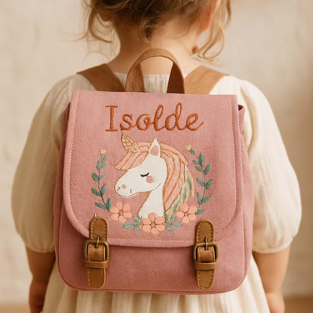 Cartable de petite fille theme licorne personnalisee avec le prenom isolde