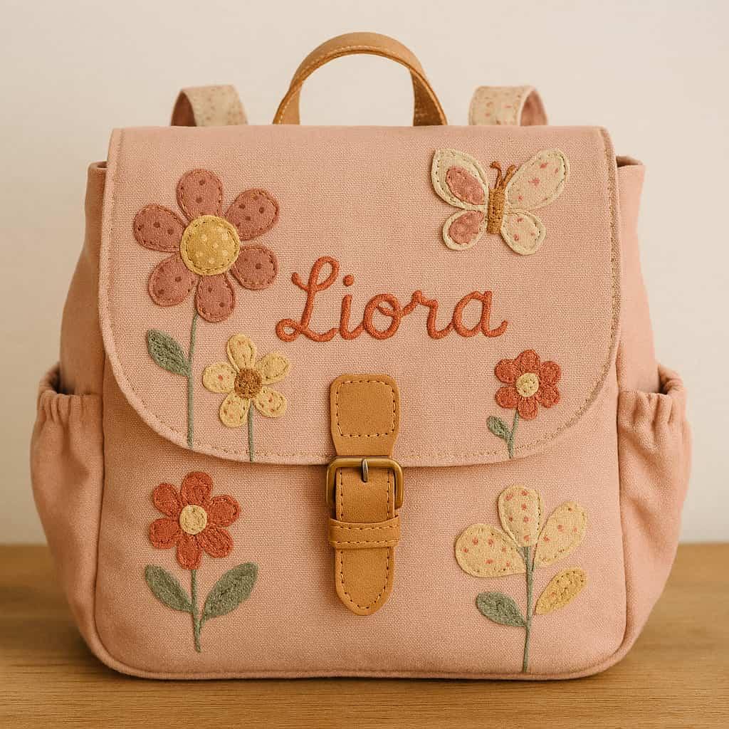 Cartable enfant artisanal style Etsy, personnalisé avec le prénom Liora brodé, design en cuir ou tissu naturel, motifs colorés et originaux, look unique et fait main