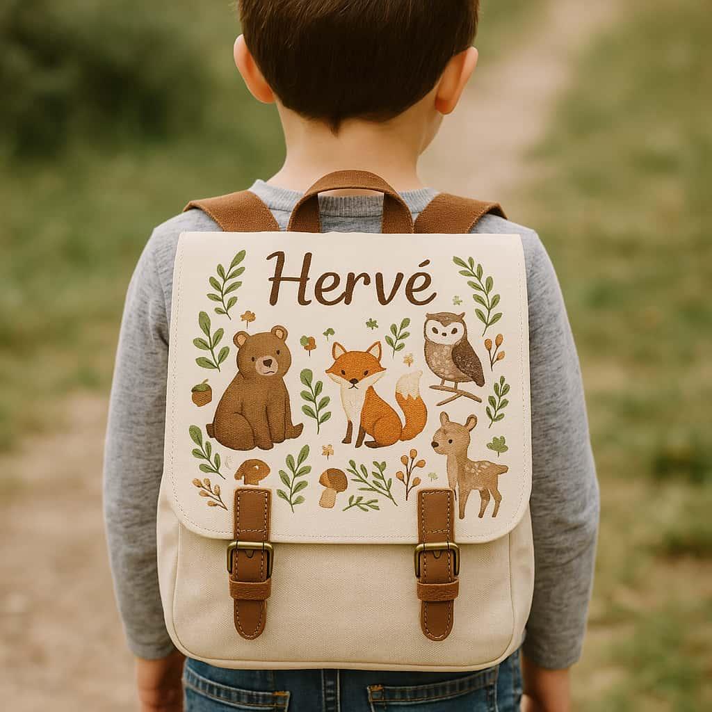 Cartable personnalise avec le prenom herve theme animaux de la foret porte par un petit garcon