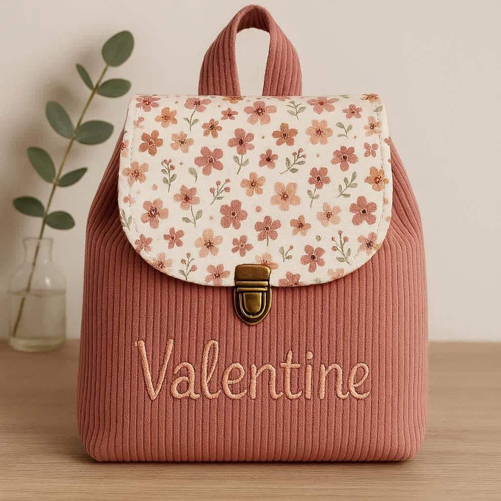 Cartable pour enfant fille personnalise avec le prenom valentine fait main cadeau artisanal utile couleur vieux rose et tissus fleur