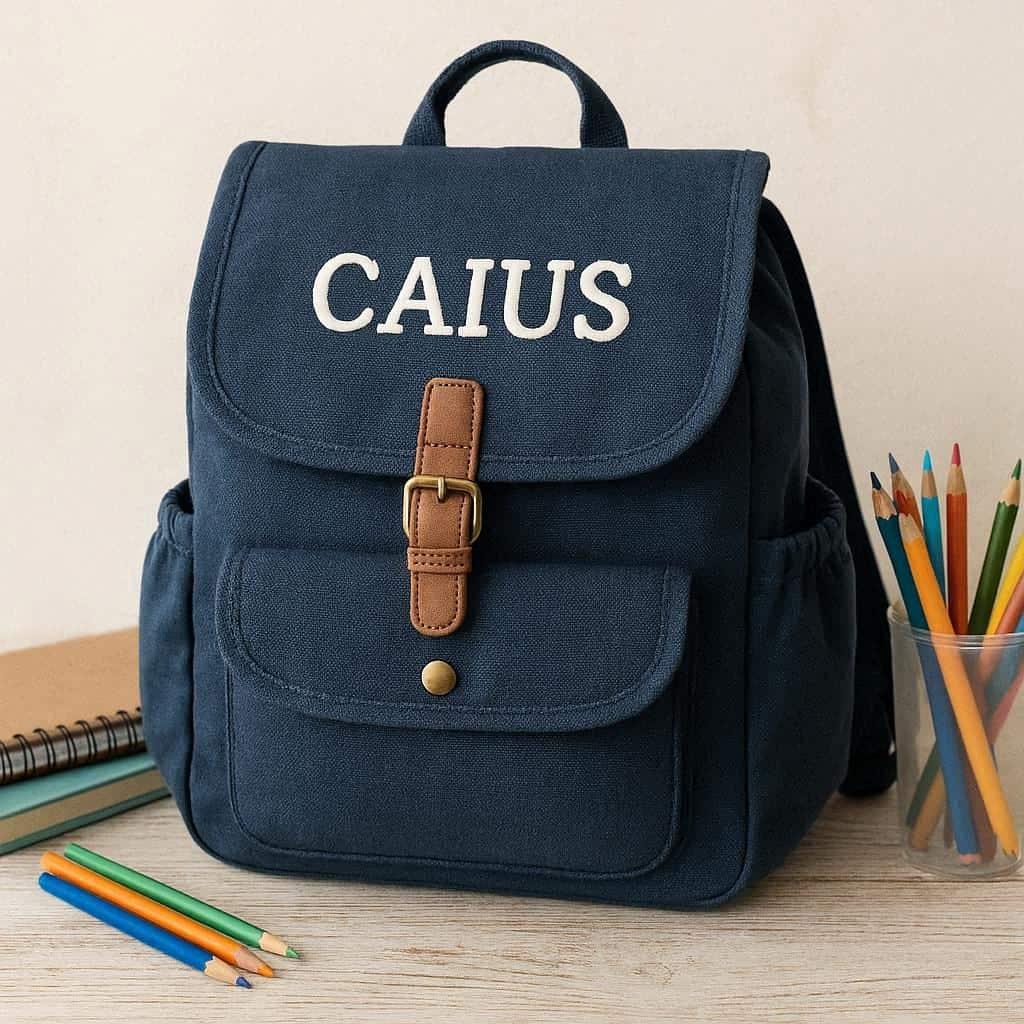 Cartable pour enfant personnalise avec le prenom caius couleur bleu fonce
