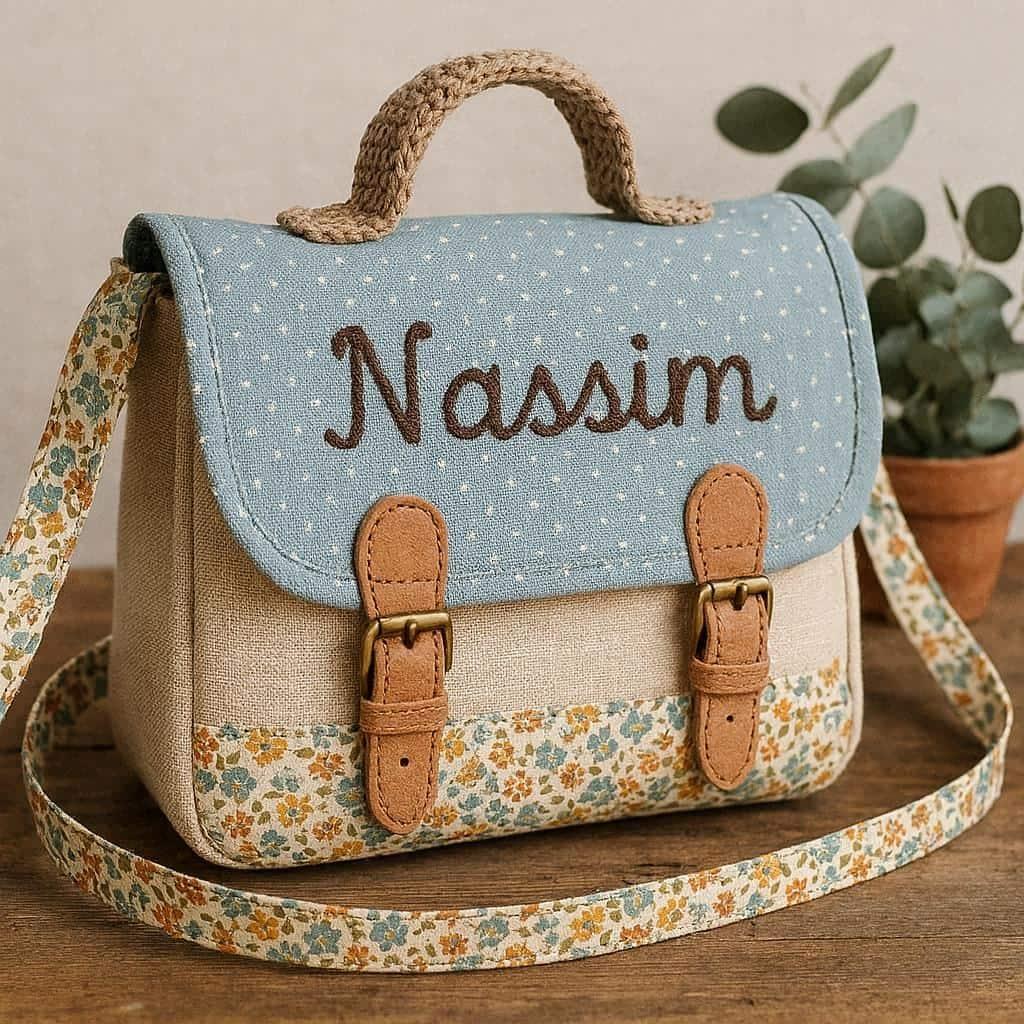 Cartable artisanal pour enfant prenom nassim fait main, idéal cadeau vintage