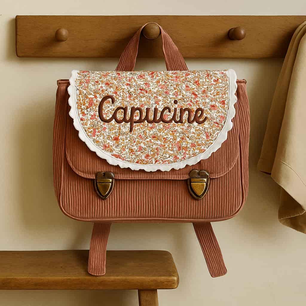 Cartable vintage pour enfant prenom capucine accroche a un porte manteau a l ecole