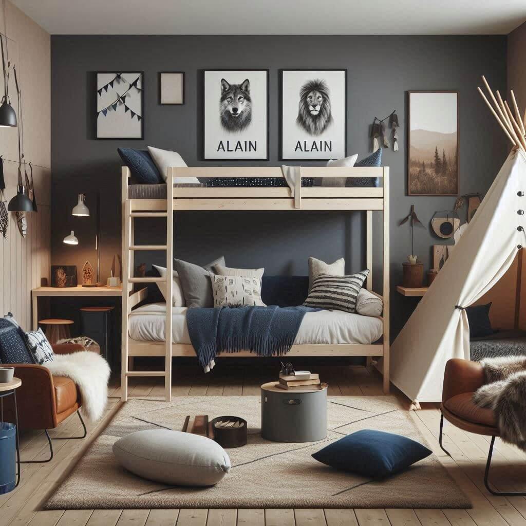 Chambre adolescent inspiree par le prenom alain avec lit superpose tipis couleurs calmes comme le bleu marine le gris anthracite et le beige objets en bois naturel fauteuils en cui