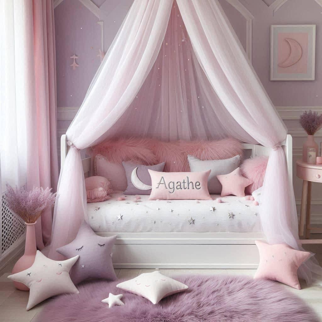 Chambre agathe avec lit cabane blanc ciel de lit rose poudre tapis en fausse fourrure lilas
