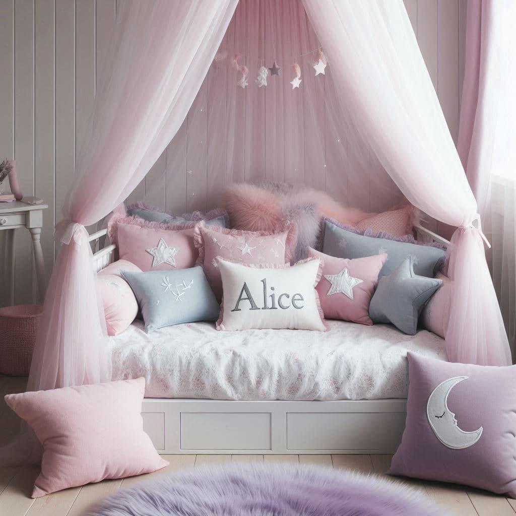 Chambre alice avec lit cabane blanc ciel de lit rose poudre tapis en fausse fourrure lilas theme chambre feerique