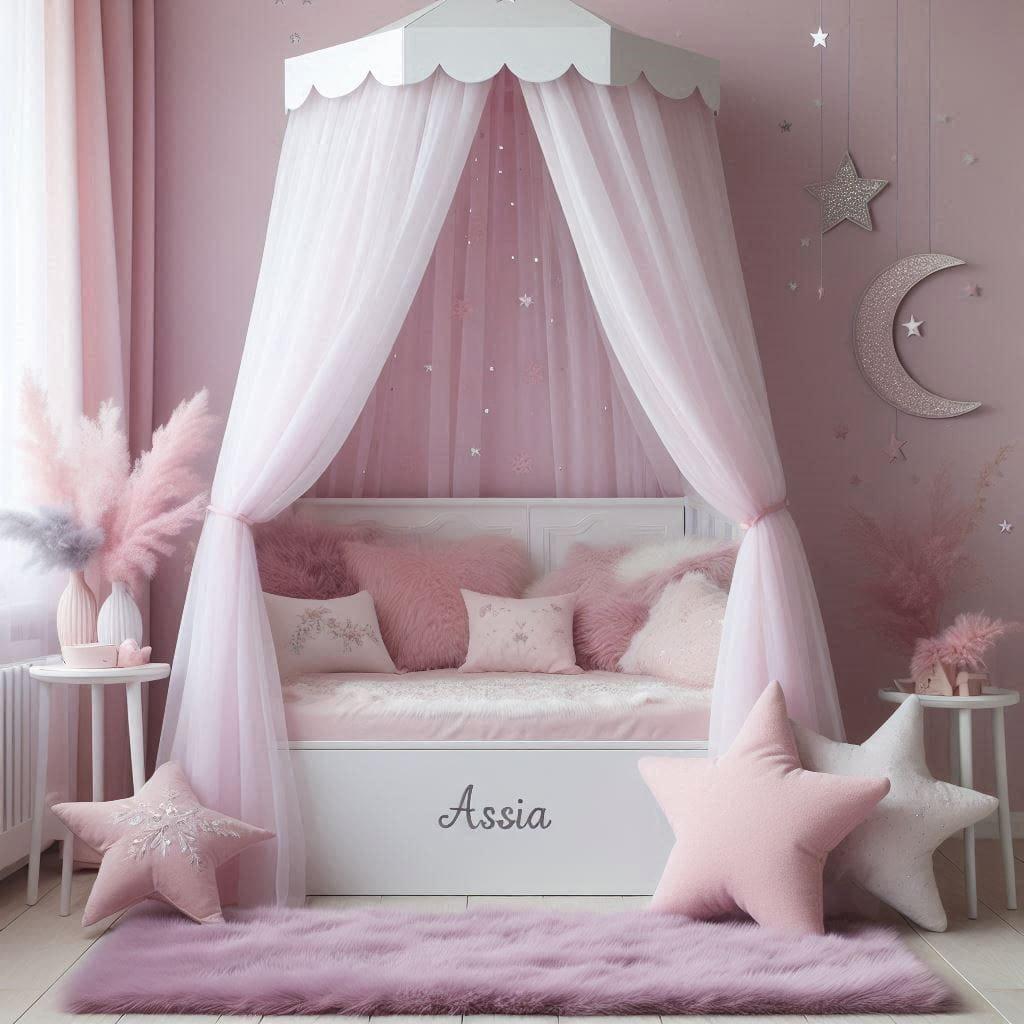 Chambre assia avec lit cabane blanc ciel de lit rose poudre tapis en fausse fourrure lilas coussins etoiles et lune en rose pastel bleu ciel et lavande