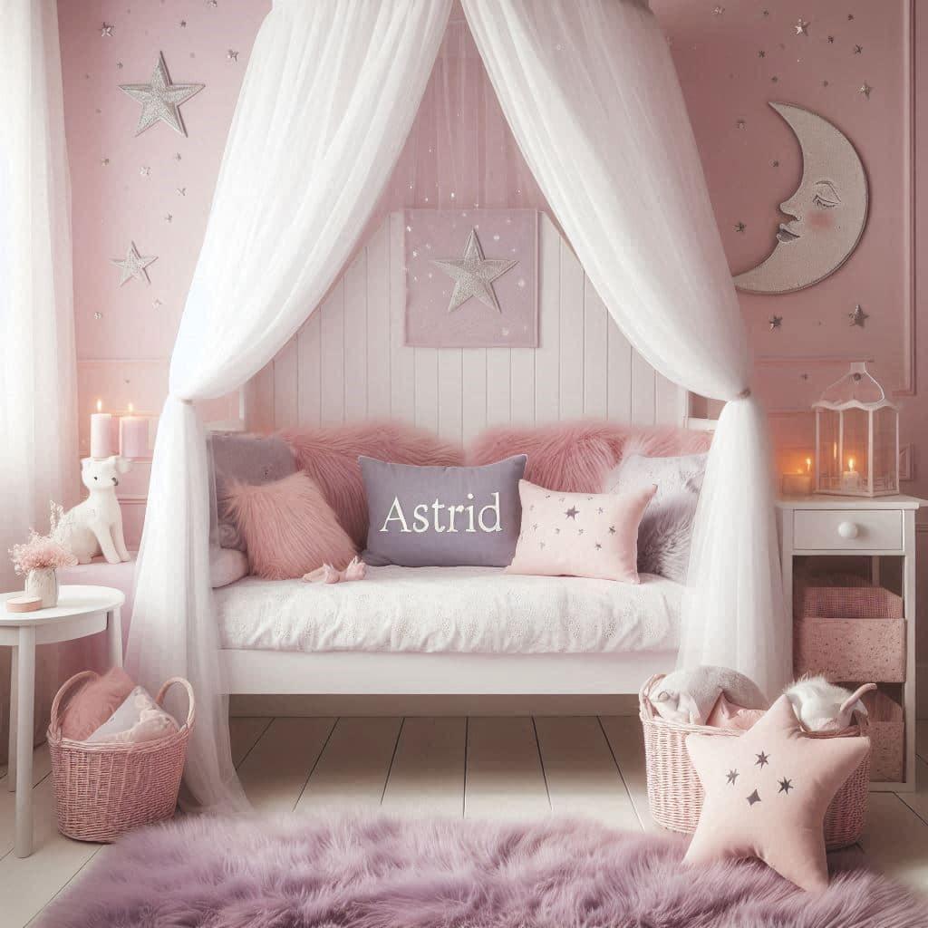 Chambre astrid avec lit cabane blanc ciel de lit rose poudre tapis en fausse fourrure lilas