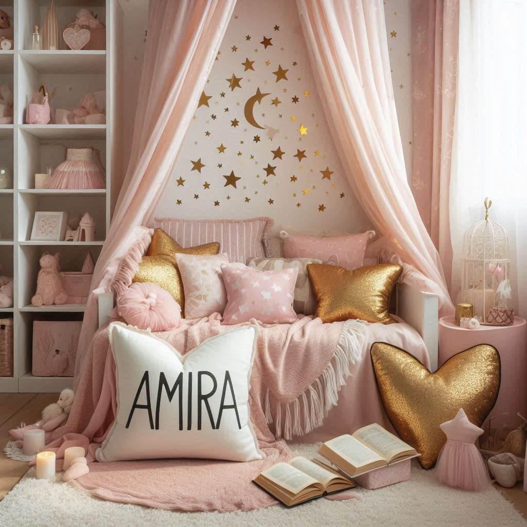 Chambre avec coin lecture inspire de la feerie avec des tons de rose poudre dore et blanc des coussins en forme d etoiles de c ur et le prenom amira