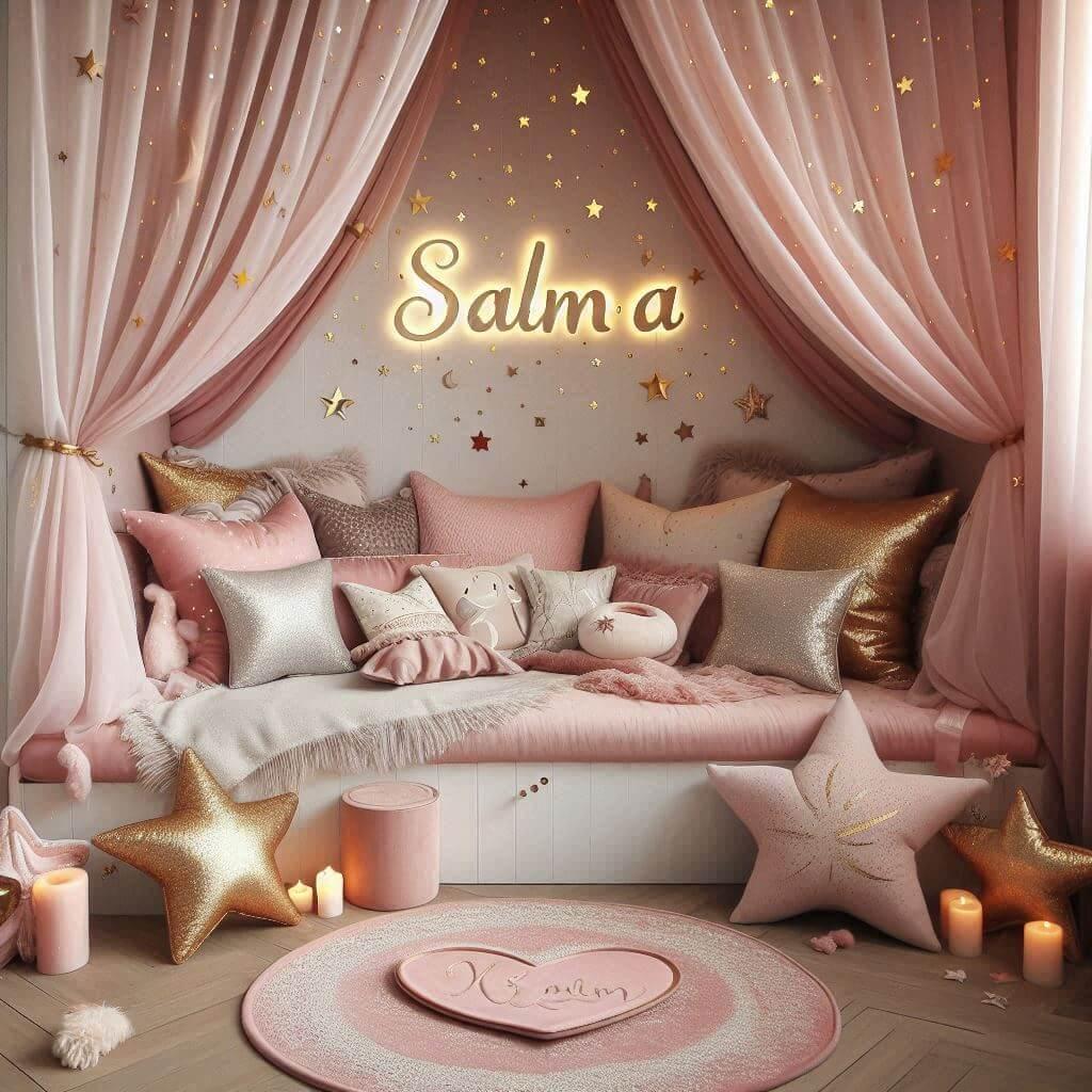 Chambre avec coin lecture inspire de la feerie avec des tons de rose poudre dore et blanc des coussins en forme d etoiles de c ur et le prenom salma ecrit inscrit en lettres stylis