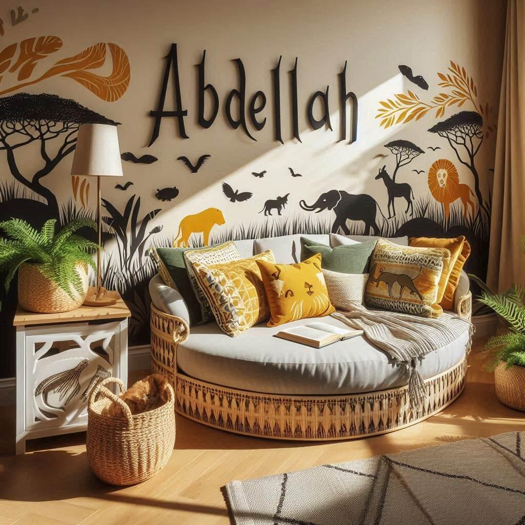 Chambre avec coin lecture inspiré de la savane africaine, tons jaunes, oranges et verts, coussins en forme de lions, éléphants et girafes, prénom Abdellah inscrit en lettres.