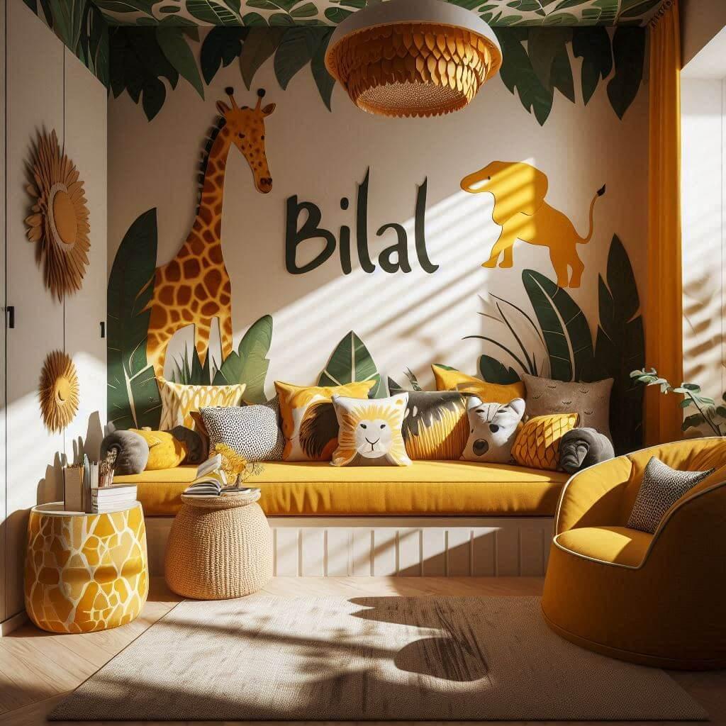 Chambre avec coin lecture inspire de la savane africaine avec des tons de jaunes oranges et verts des coussins en forme de lions, prenom bilal