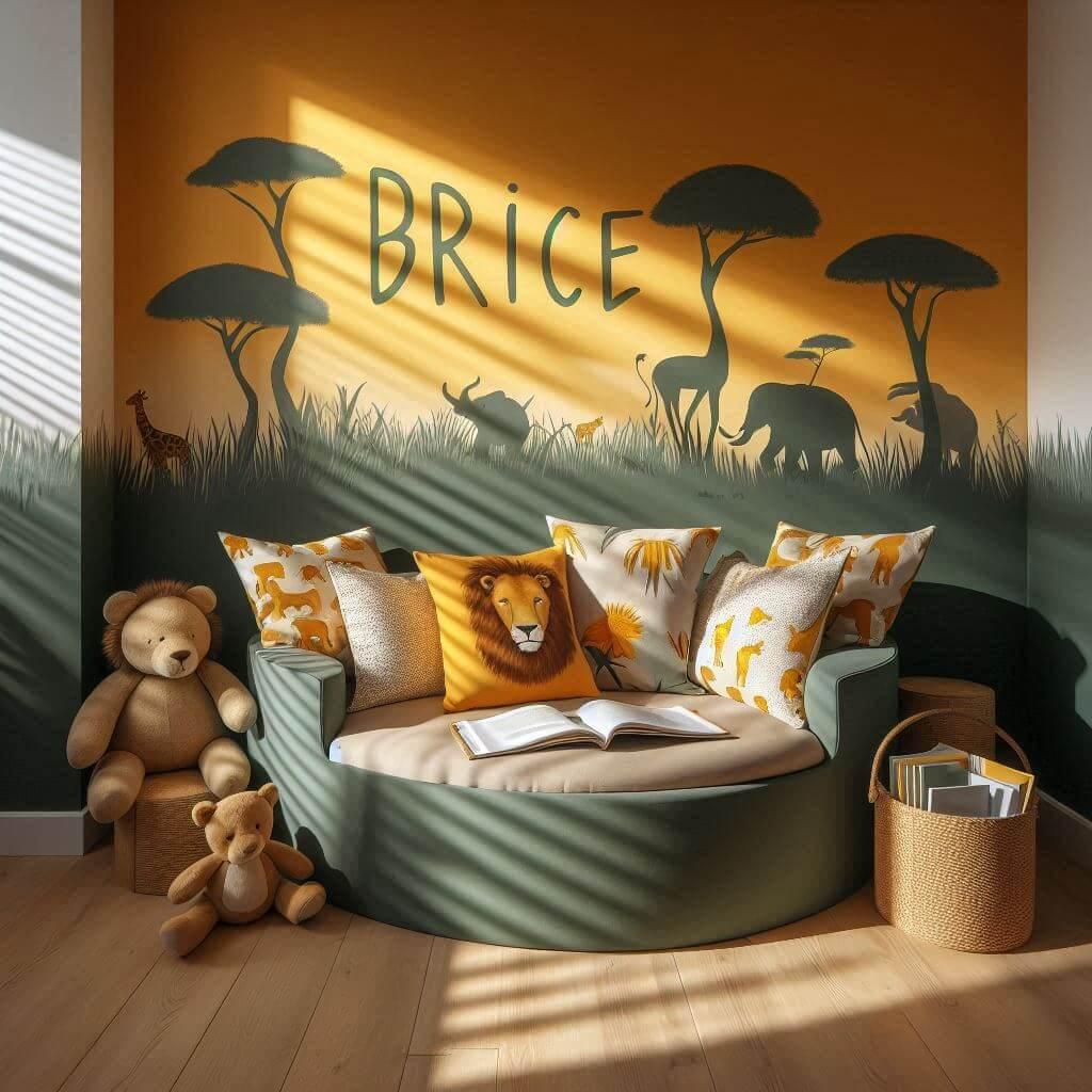 Chambre avec coin lecture inspire de la savane africaine avec des tons de jaunes oranges et verts des coussins en forme de lions elephants et girafes et le prenom brice est inscrit