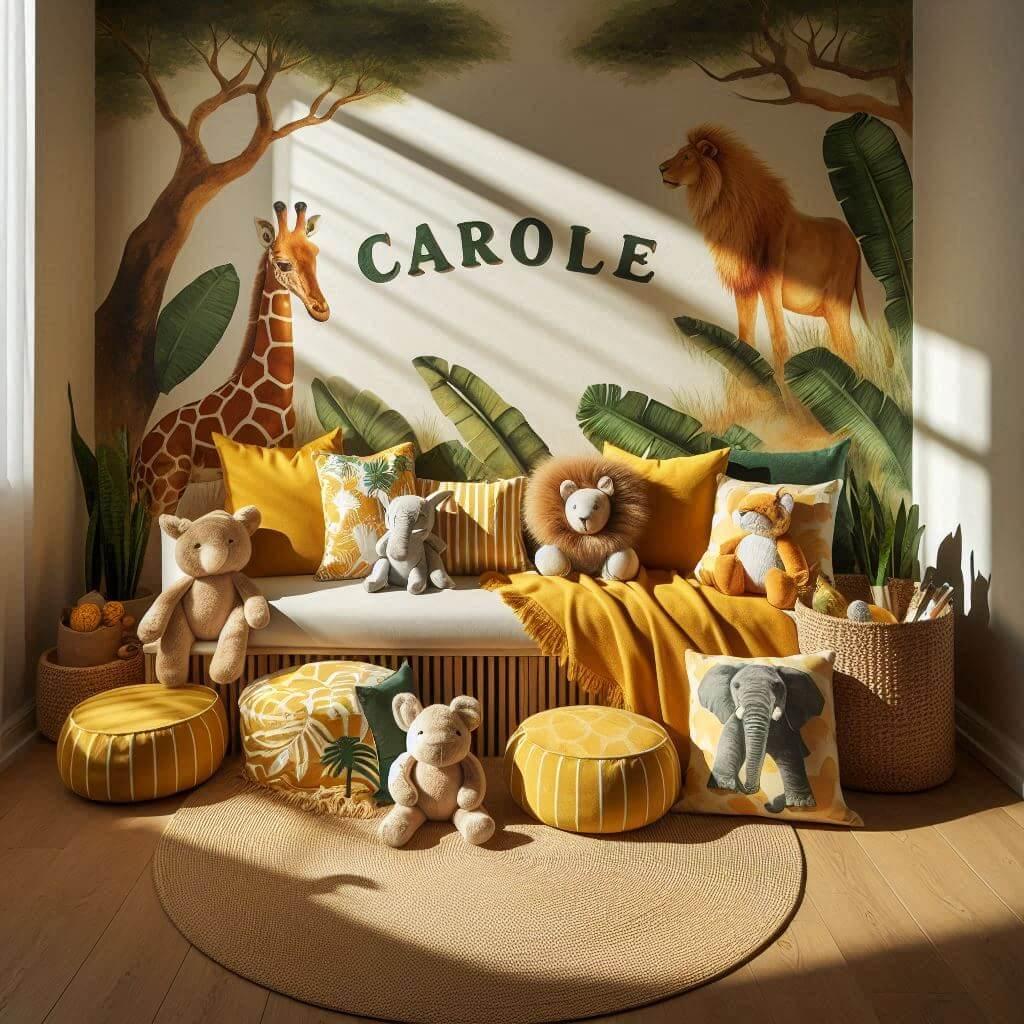 Chambre avec coin lecture inspire de la savane africaine avec des tons de jaunes oranges et verts des coussins en forme de lions elephants et girafes et le prenom carole est inscri