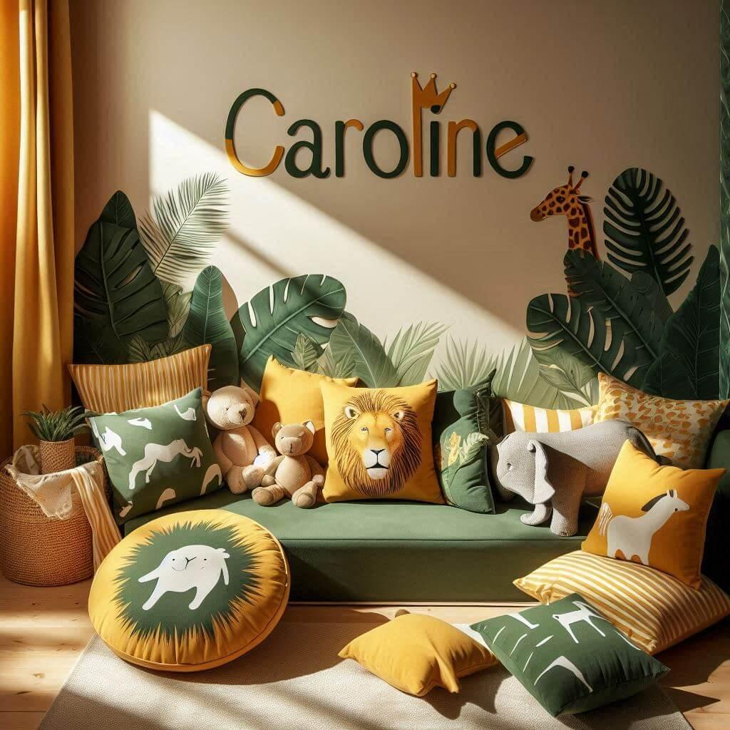 Chambre avec coin lecture inspire de la savane africaine avec des tons de jaunes oranges et verts des coussins en forme de lions elephants et girafes et le prenom caroline est insc