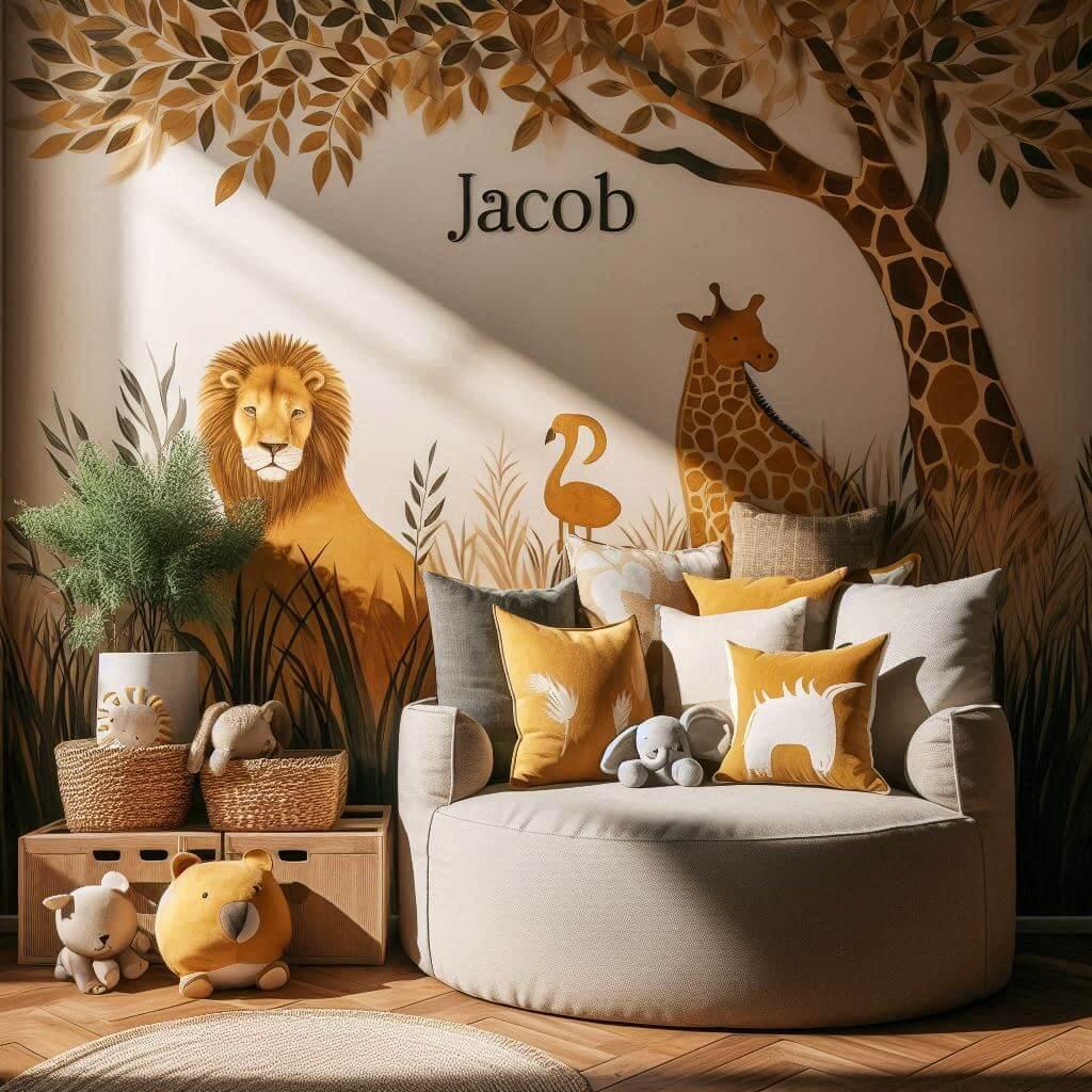 Chambre avec coin lecture inspire de la savane africaine avec des tons de jaunes oranges et verts des coussins en forme de lions elephants et girafes et le prenom jacob est inscrit