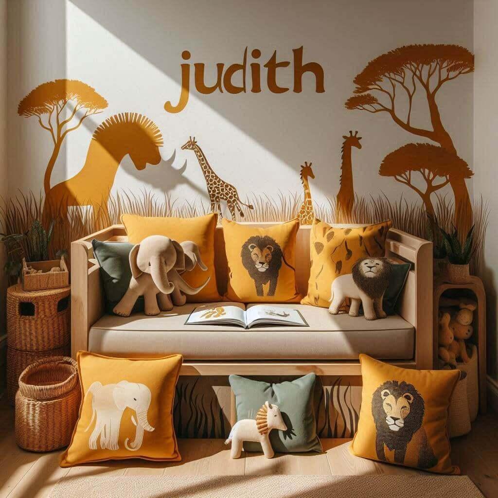 Chambre avec coin lecture inspire de la savane africaine avec des tons de jaunes oranges et verts des coussins en forme de lions elephants et girafes et le prenom judith est inscri