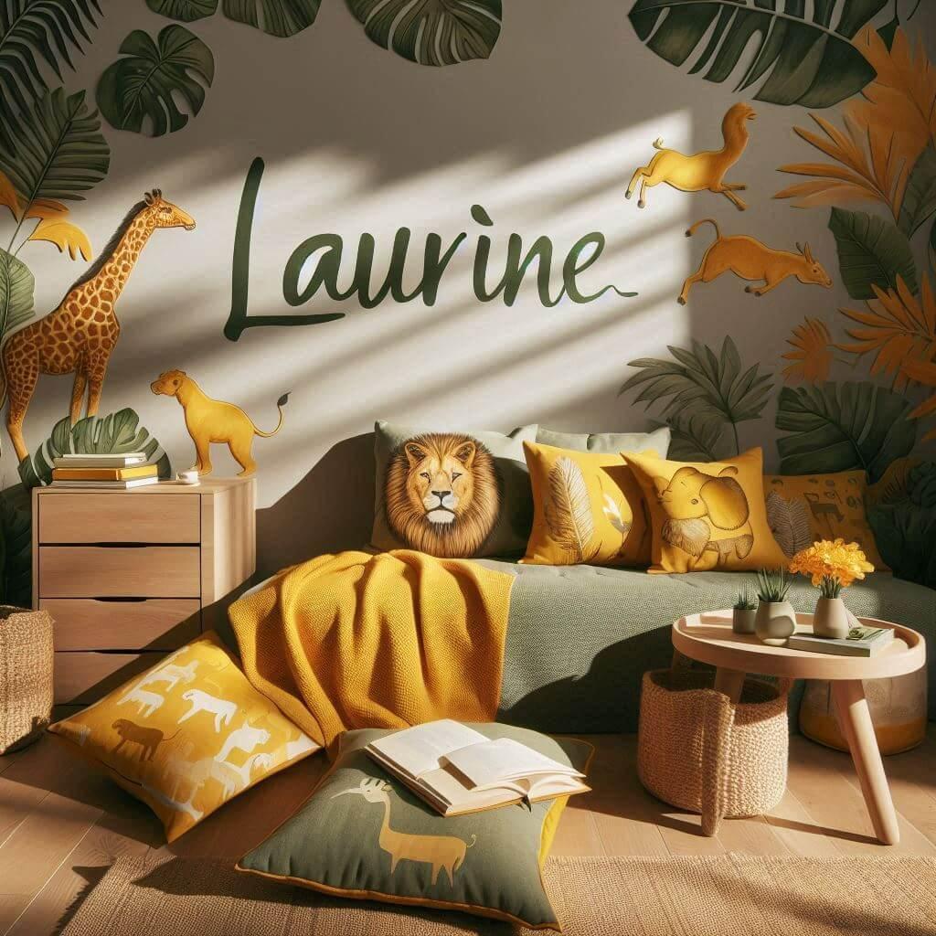 Chambre avec coin lecture inspire de la savane africaine avec des tons de jaunes oranges et verts des coussins en forme de lions elephants et girafes et le prenom laurine est inscr