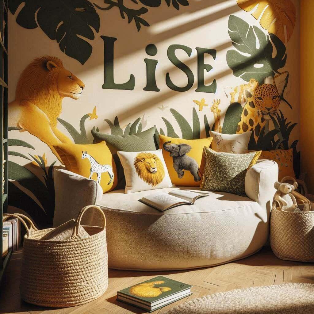 Chambre avec coin lecture inspire de la savane africaine avec des tons de jaunes oranges et verts des coussins en forme de lions elephants et girafes et le prenom lise est inscrit