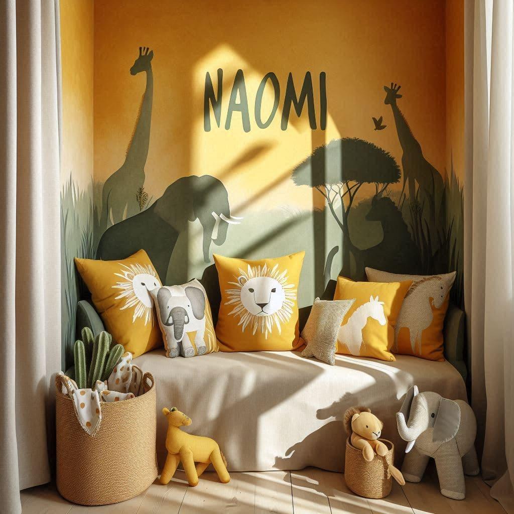Chambre avec coin lecture inspire de la savane africaine avec des tons de jaunes oranges et verts des coussins en forme de lions elephants et girafes et le prenom naomi est inscrit