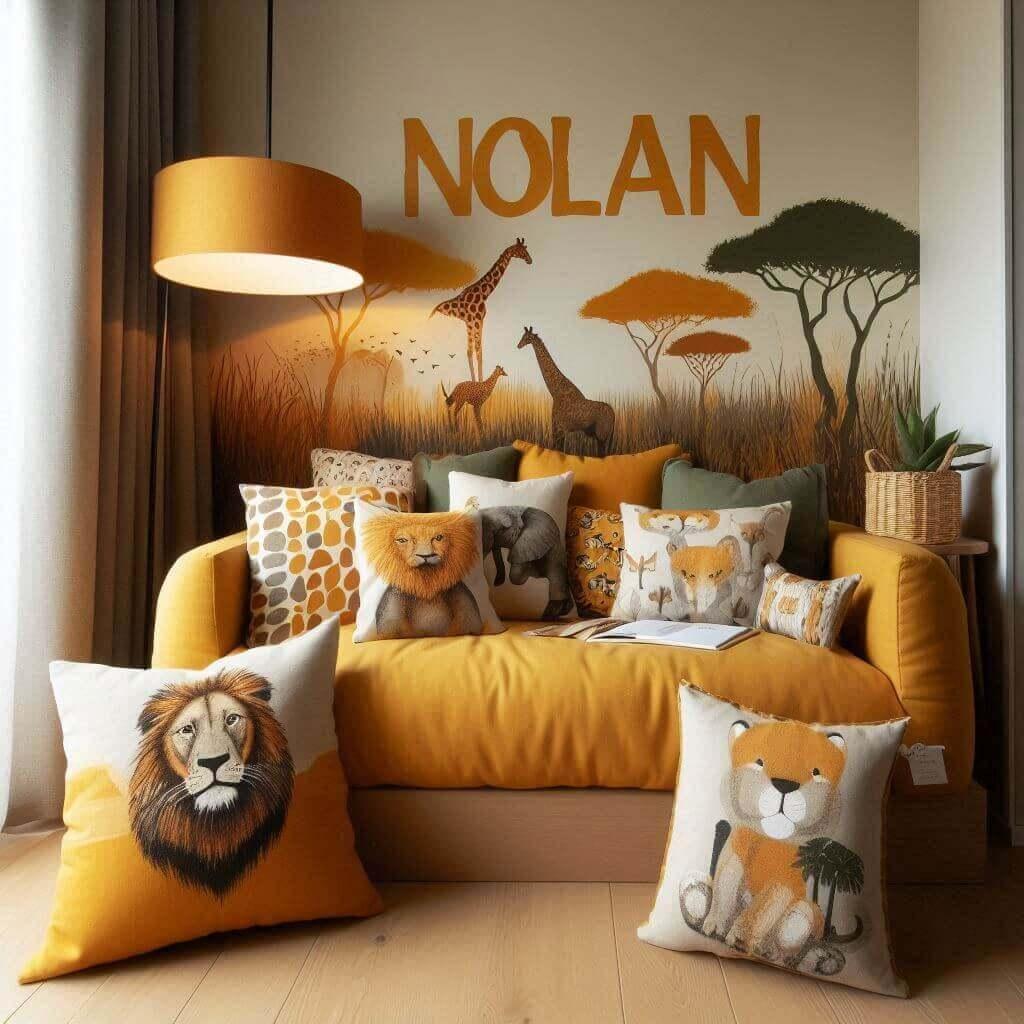 Chambre d’enfant savane africaine avec coin lecture, coussins lion éléphant girafe, tons jaune orange vert et prénom Nolan en lettres décoratives sur la couverture