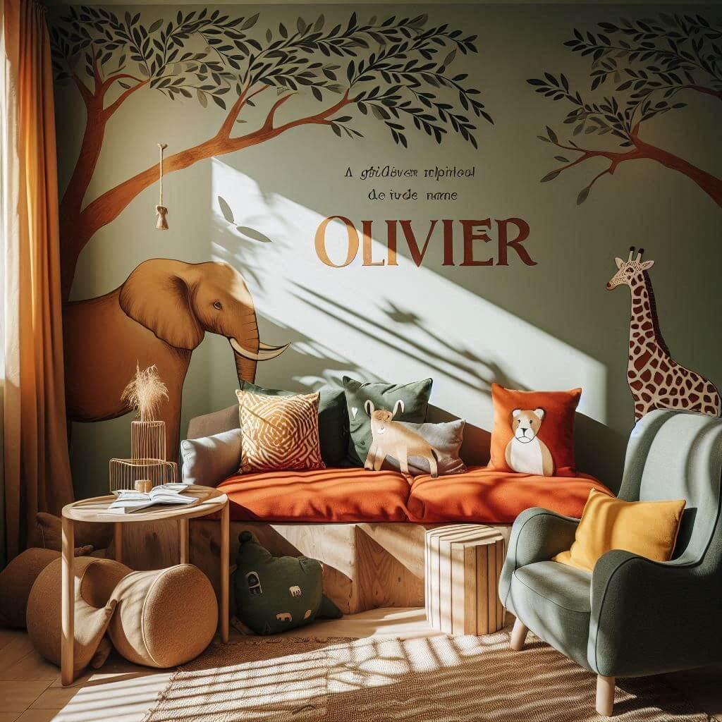 Chambre avec coin lecture inspire de la savane africaine avec des tons de jaunes oranges et verts des coussins en forme de lions elephants et girafes et le prenom olivier est ecrit
