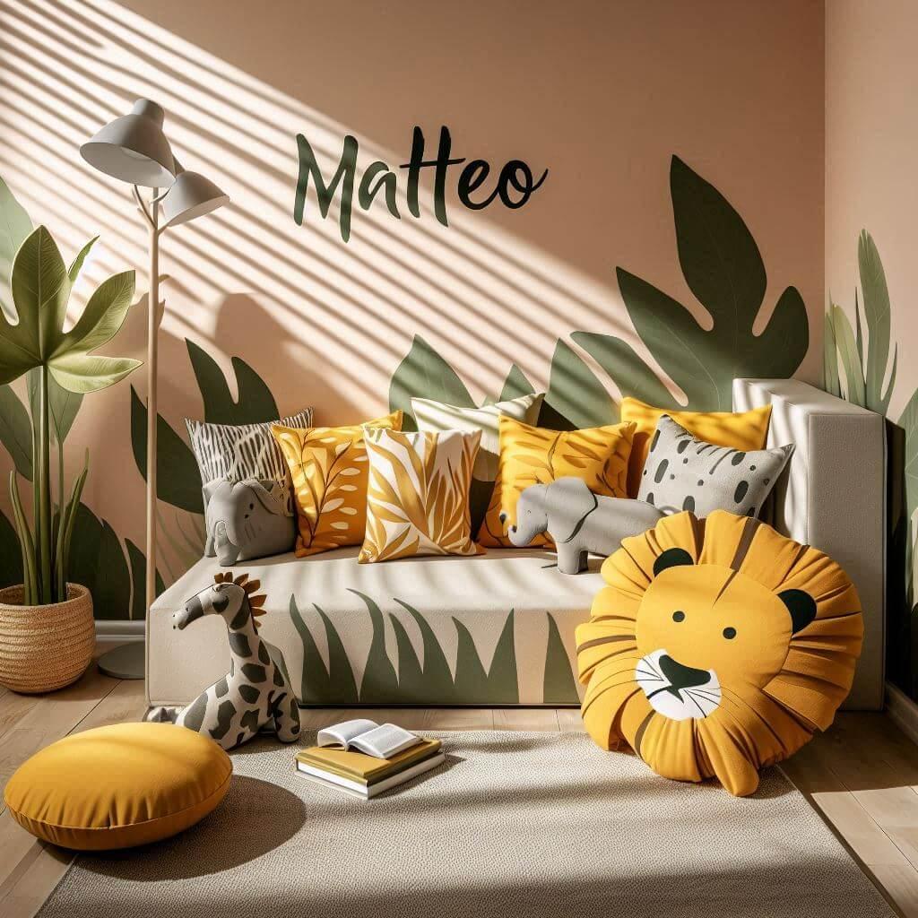 Chambre avec coin lecture inspire de la savane africaine avec des tons de jaunes oranges et verts prenom matteo