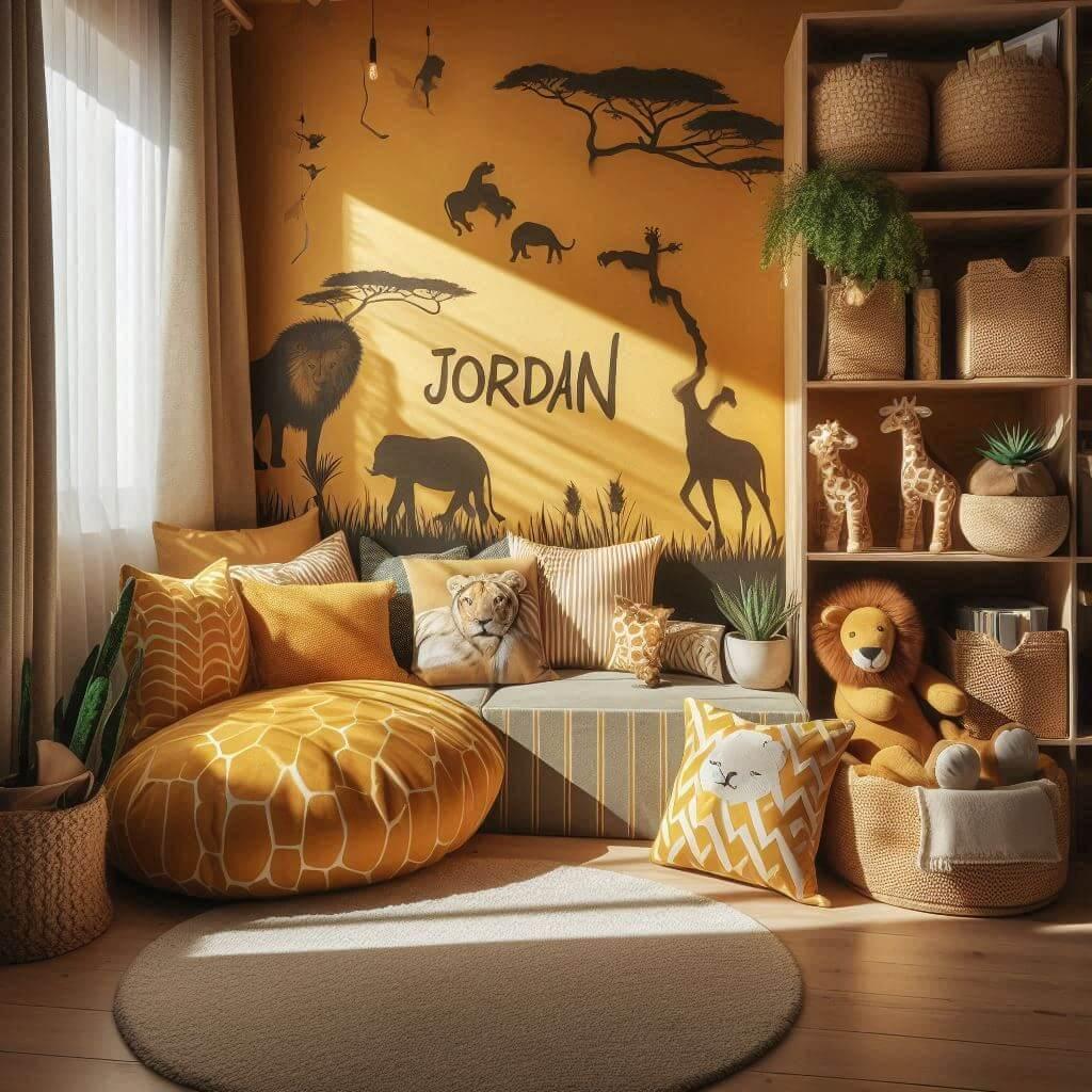 Chambre avec coin lecture inspire de la savane africaine avec des tons de jaunes personnalise avec le prenom jordan