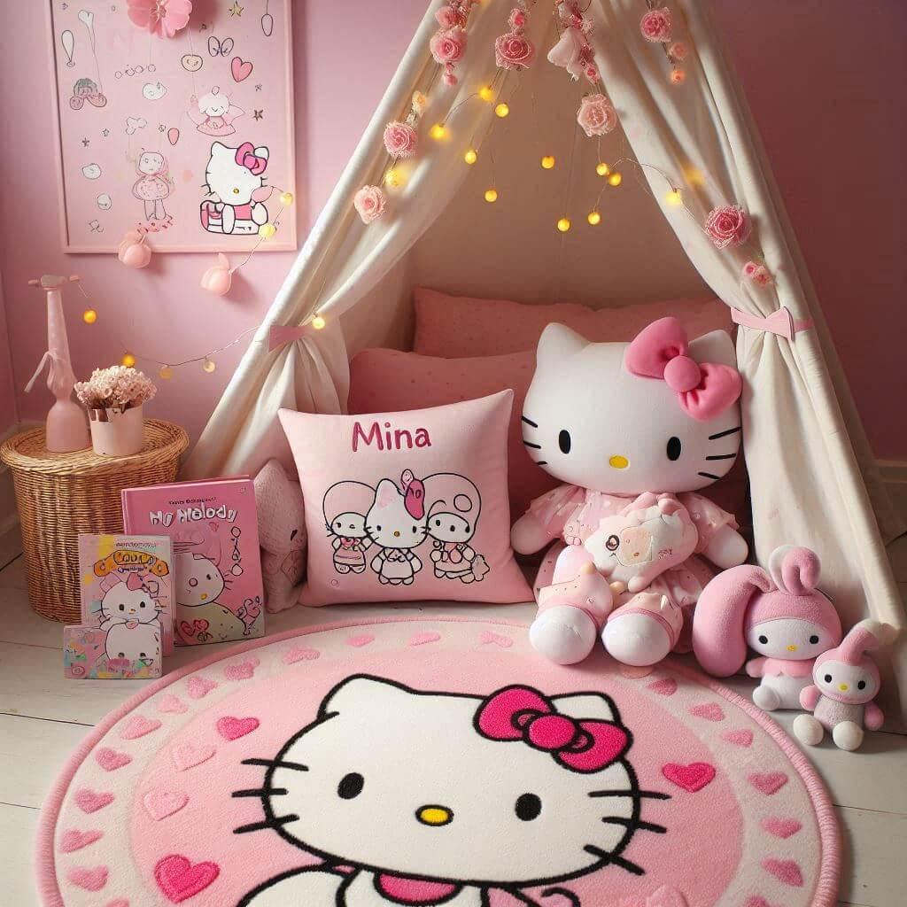 Chambre avec un coin lecture inspire de hello kitty avec des tons roses et blancs prenom mina