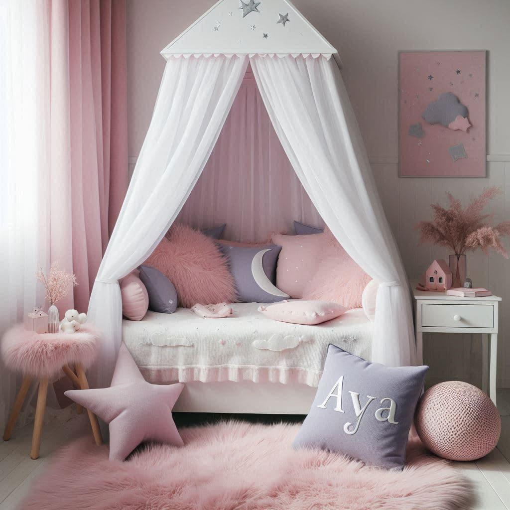 Chambre aya avec lit cabane blanc ciel de lit rose poudre tapis en fausse fourrure lilas theme princesse