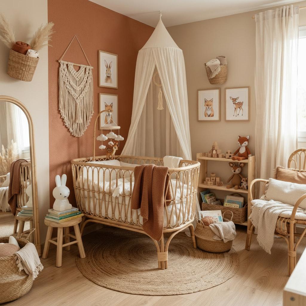 Chambre bebe boheme avec berceau en rotin voilage blanc affiches animaux et deco naturelle en tons ecru et caramel