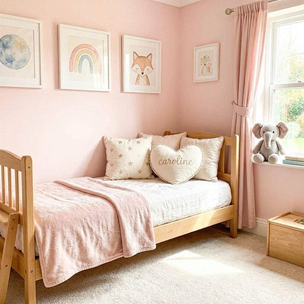 Chambre bebe feerique rose avec lit cabane coussin c ur caroline et lumiere solaire aux ombres realistes