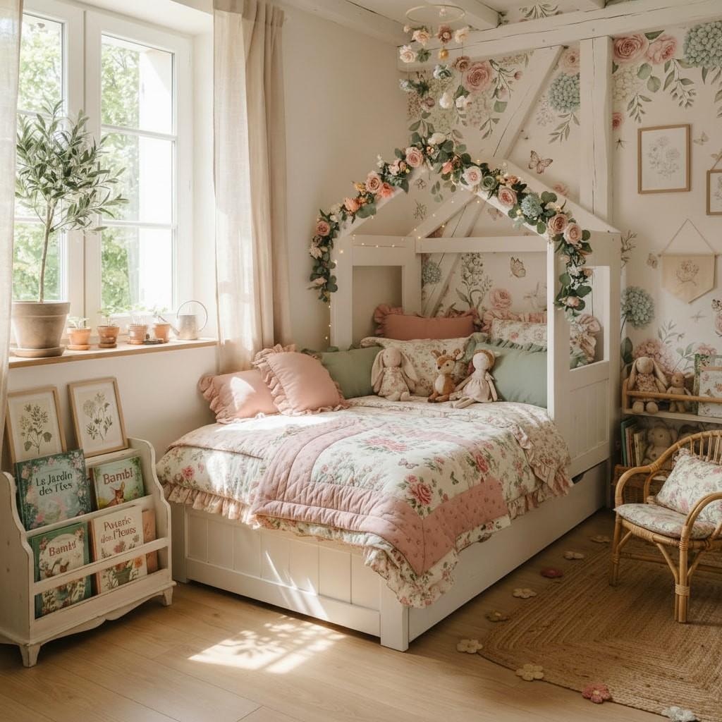 Chambre bebe fleurs et jardins avec lit a barreaux blanc decor rose poudre et motifs floraux lumiere traversante douce et lampe allumee ambiance poetique et naturelle sans enfant