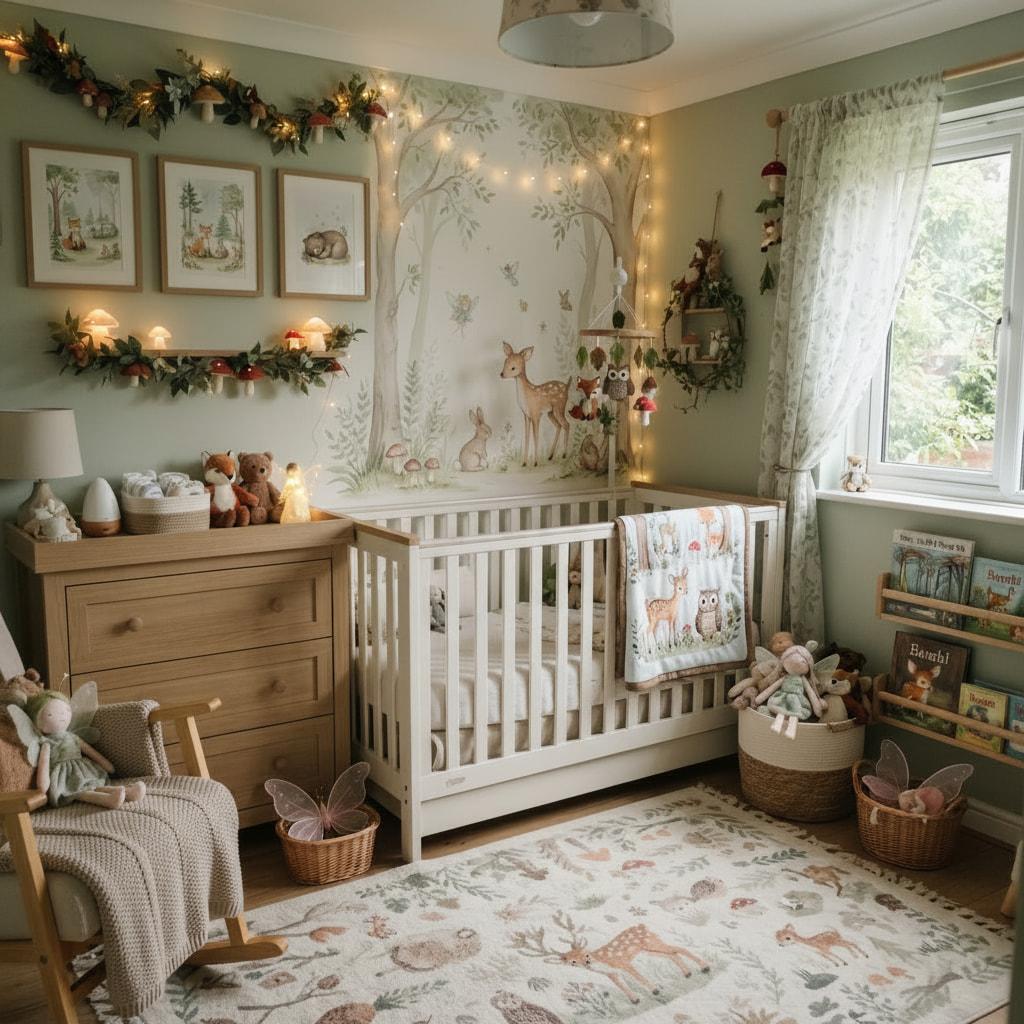 Chambre bebe foret enchantee avec lit blanc decor naturel et animaux des bois