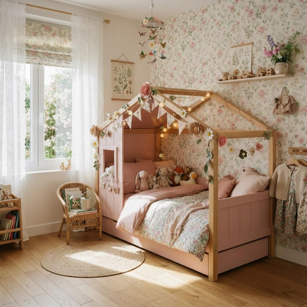 Chambre bebe theme fleurs et jardins lit maison rose poudre decore de guirlandes florales et lumieres douces ambiance naturelle et poetique sans enfant