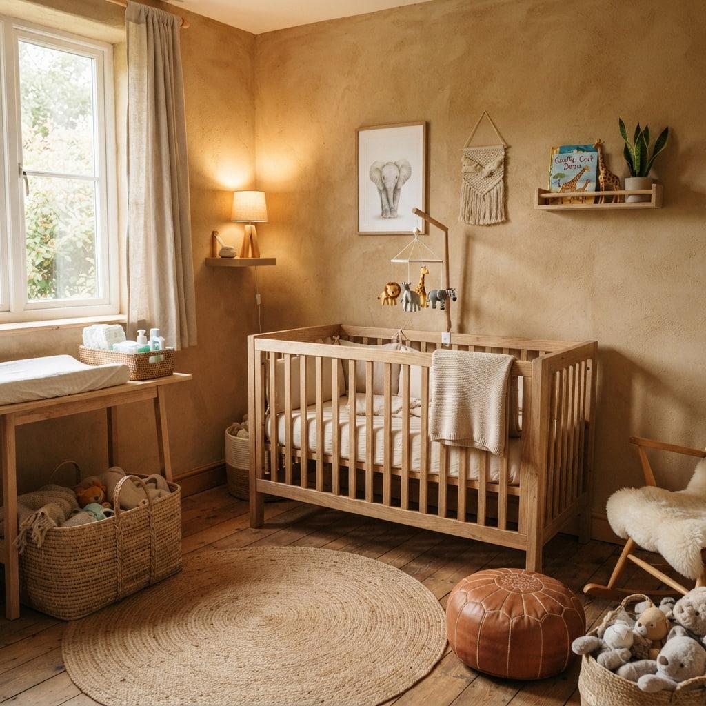 Chambre bebe theme safari avec lit en bois decoration naturelle mobile animaux de la savane murs ocre et ambiance chaleureus
