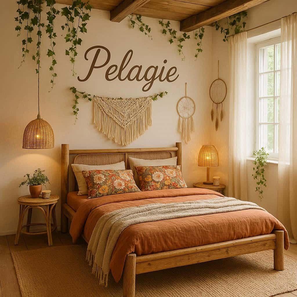 Chambre bohemienne boho chic personnalisee avec le prenom pelagie lierre bois rotin couleurs terreuses
