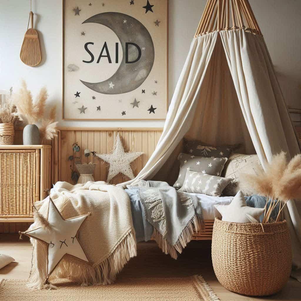 Chambre bohemienne personnalisee avec le prenom said couleurs naturelles