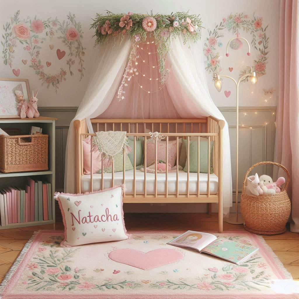 Chambre bucolique pour fille couleurs rose pastel vert pastel personnalise avec le prenom natacha